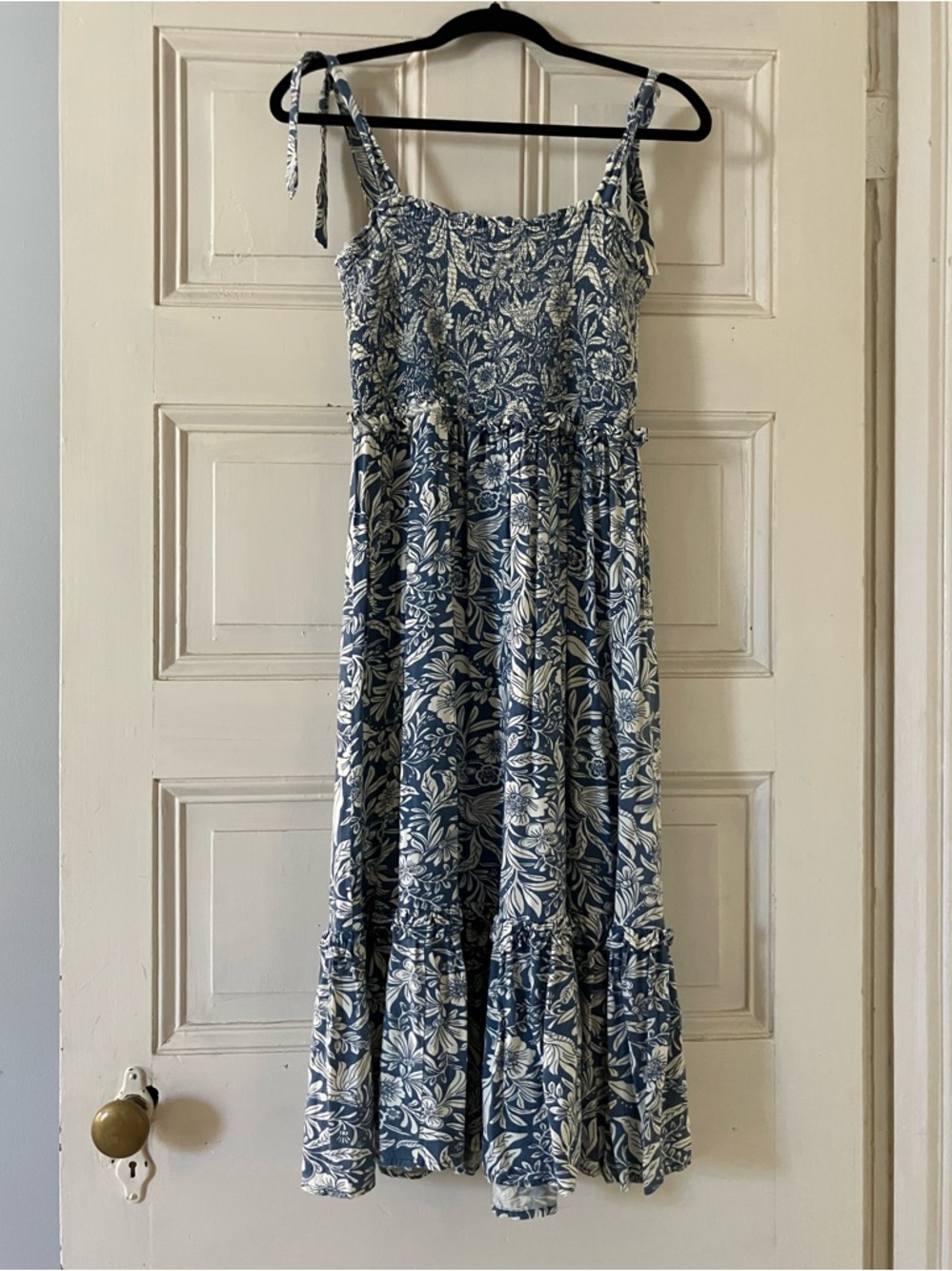 PATRONS OF PEACE Smocked tie top dress with “Willian Morris” look fabric